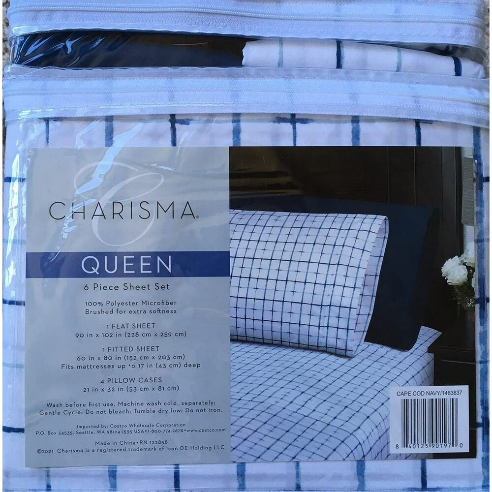 Charisma Queen UNBOXED 6 Piece Sheet Cape Cod Square Blue NEW